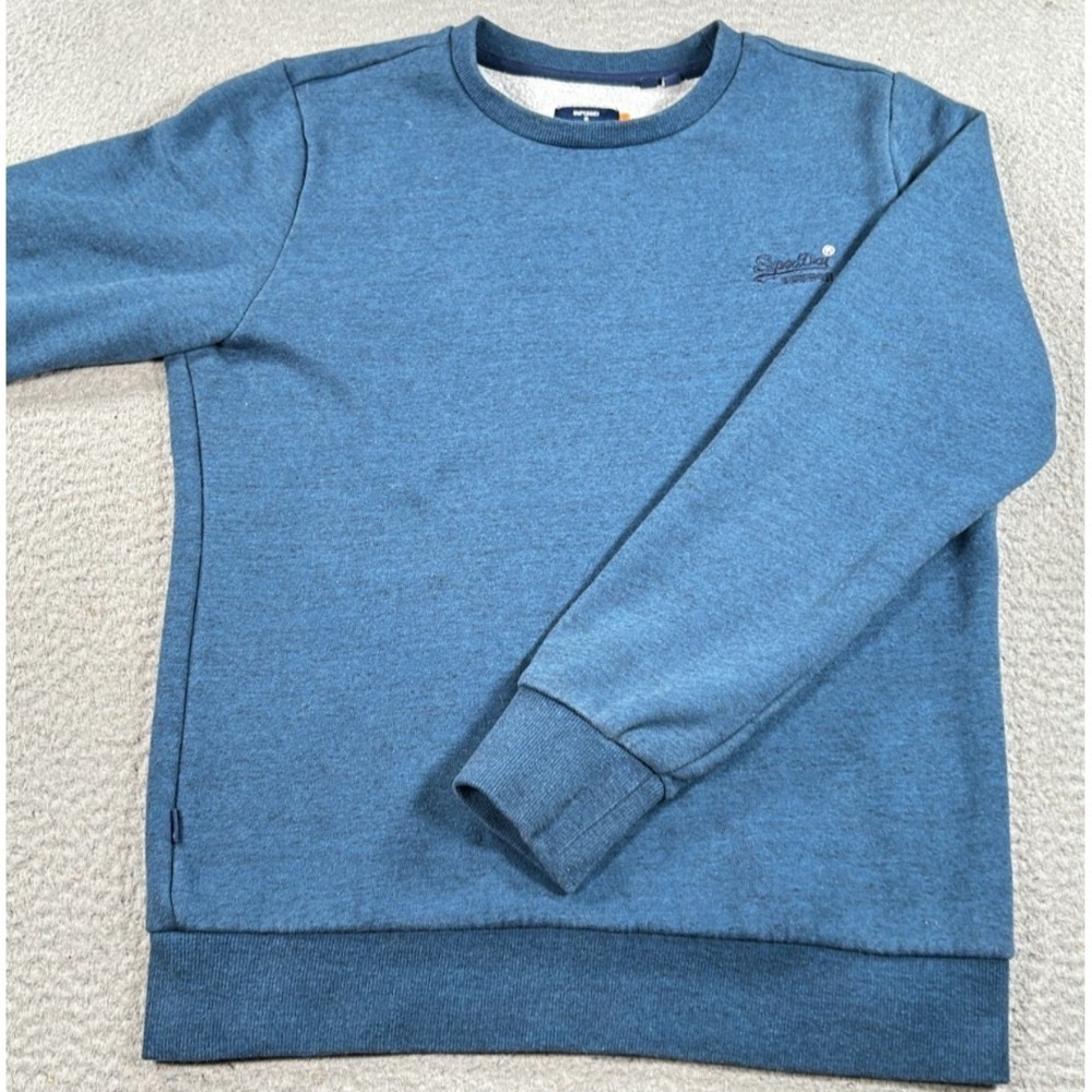 Superdry Sweatshirt Mens Large Blue Fleece Lined Crew Neck Spell Out Embroidered